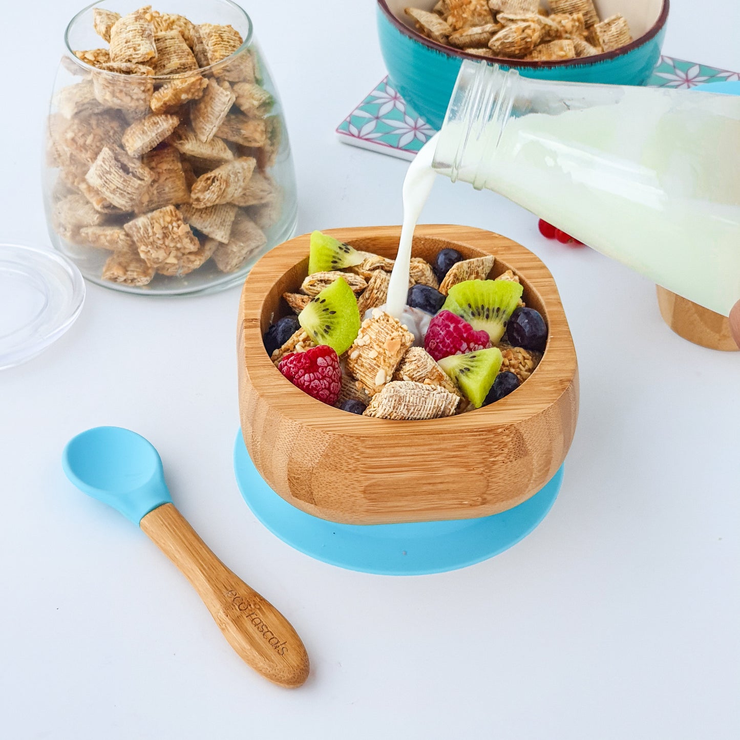 Bamboo Suction Bowl and Spoon Set in Blue