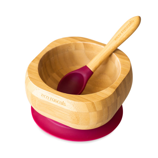 Bamboo Suction Bowl and Spoon Set in Red