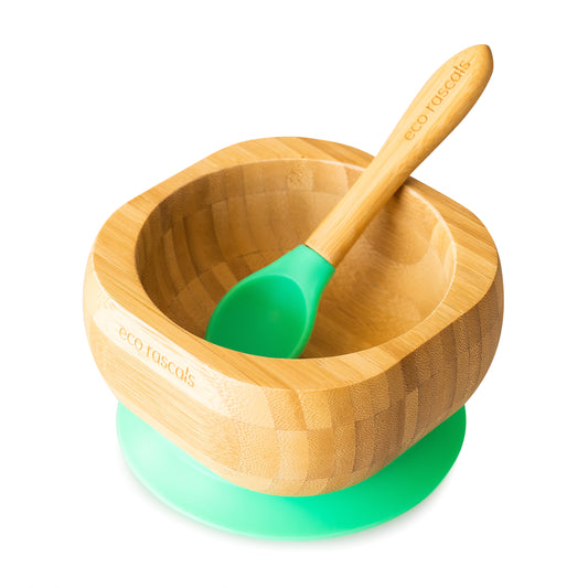 Bamboo Suction Bowl and Spoon Set in Green