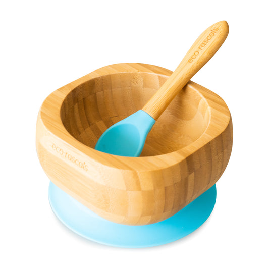 Bamboo Suction Bowl and Spoon Set in Blue